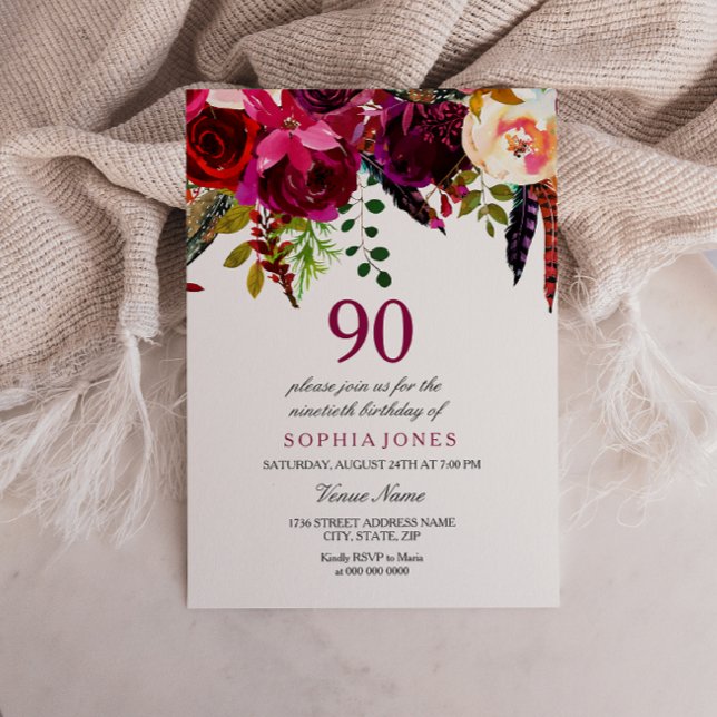 Pink & Burgundy Boho Floral 90th Birthday Party Invitation (Creator Uploaded)