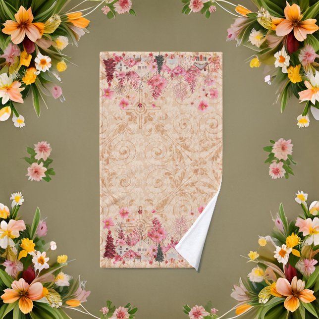 Pink  Burgundy Cream Holiday Village Hand Towel (Creator Uploaded)