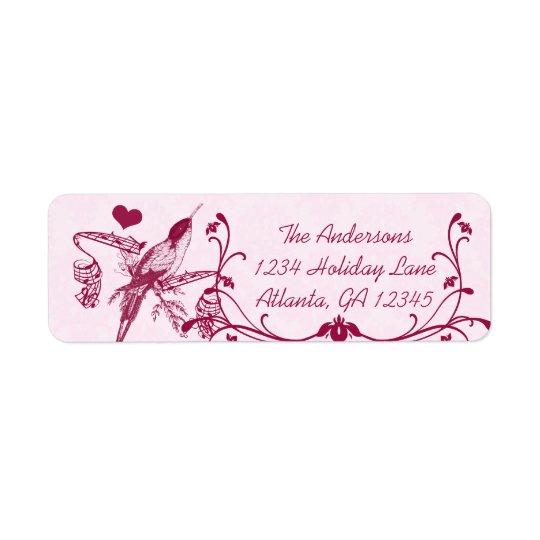 Pink & Burgundy Damask Musical Vintage Hummingbird Return Address Label