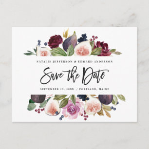 Pink, burgundy + fig floral save the date mustard postcard