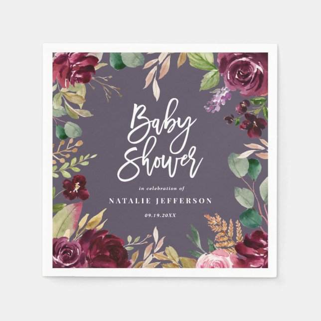 Pink, burgundy, + fig watercolor floral and script napkin (Front)