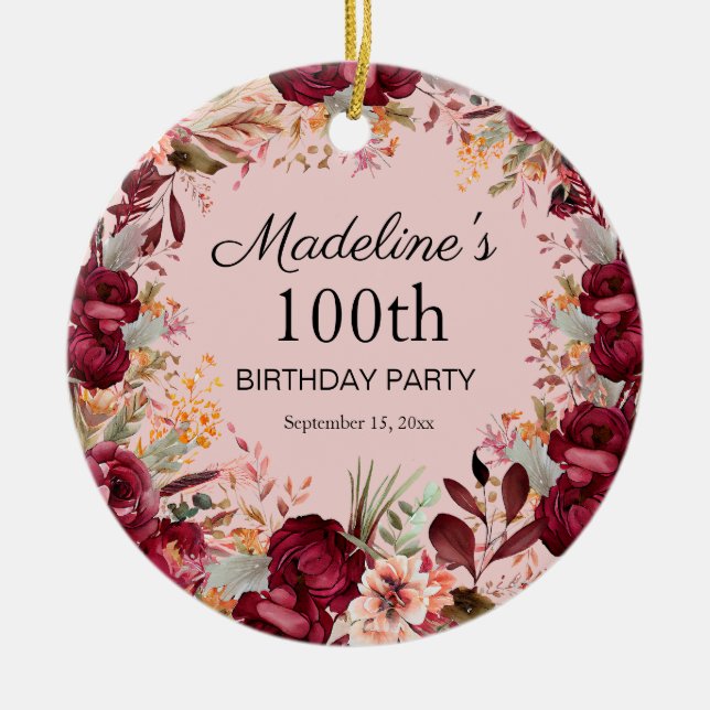 Pink Burgundy Floral 100th Birthday Keepsake Ceramic Ornament (Front)