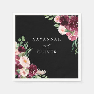 Pink & Burgundy Floral 7 Name - Black Napkins