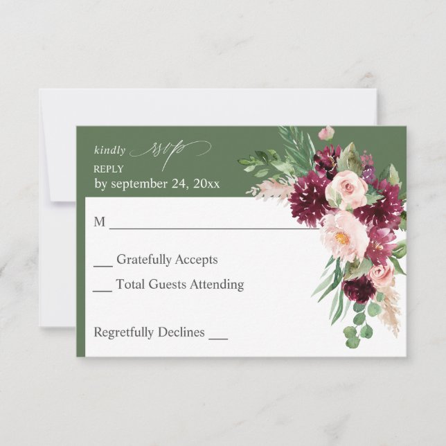 Pink & Burgundy Floral 7 no Meal RSVP  - Green Card (Front)