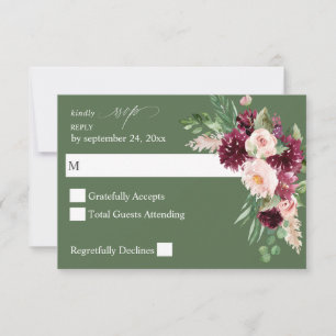Pink & Burgundy Floral 7 no Meal RSVP  - Green V3 Card