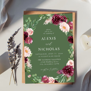 Pink & Burgundy Floral 7 Wedding - Green Invitation