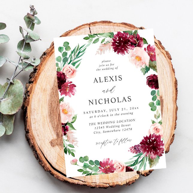 Pink & Burgundy Floral 7 Wedding Invitation (Creator Uploaded)