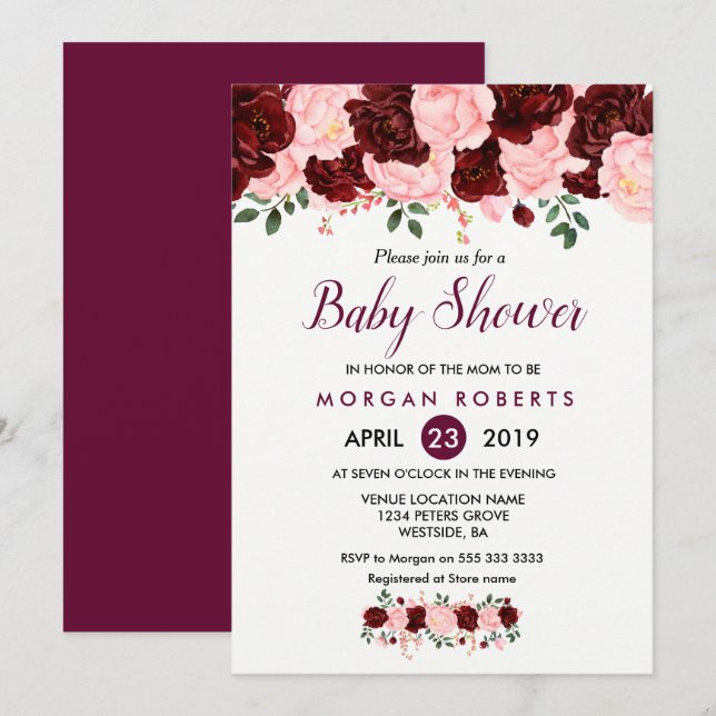 Pink & Burgundy Floral Baby Shower Invitation (Front/Back)