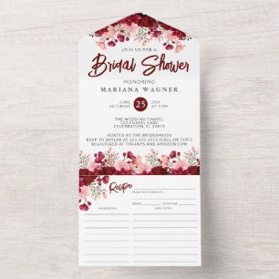 Pink Burgundy Floral Bridal Shower with Recipe All In One Invitation
