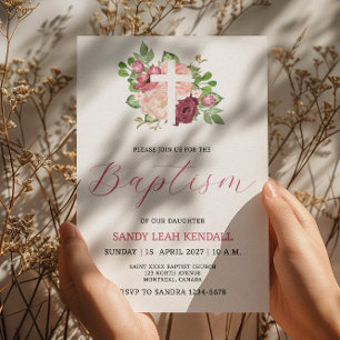 Pink Burgundy Floral Cross Girl Baptism Invitation