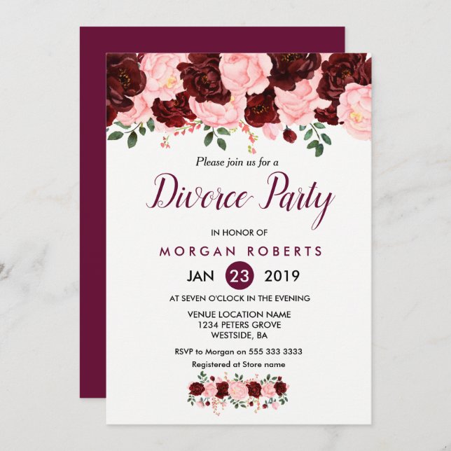 Pink & Burgundy Floral Divorce Party Invitation (Front/Back)