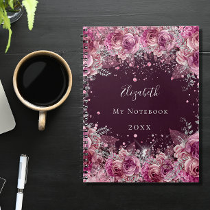 Pink burgundy floral glitter dust name notebook