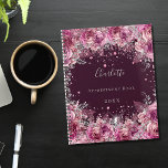 Pink burgundy floral glitter name 2025 planner<br><div class="desc">A burgundy background with pink faux glitter dust and florals. The name is written with a modern hand lettered style script.  Personalise and add your name,  title and year.</div>