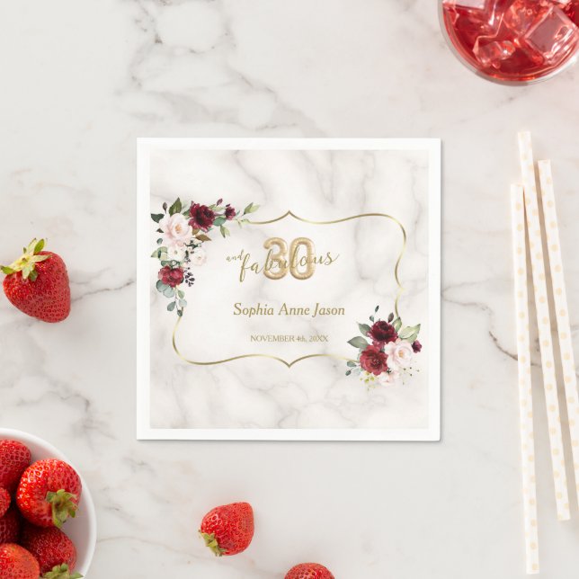 Pink Burgundy Floral Gold 30 and Fabulous Birthday Napkin (Insitu)