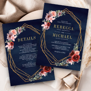 Pink Burgundy Floral Gold All in One Navy Wedding Invitation