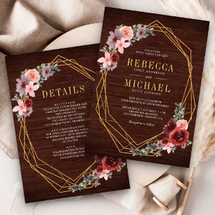 Pink Burgundy Floral Gold All in One Wood Wedding Invitation
