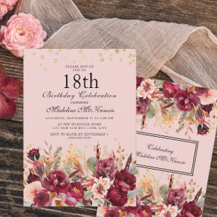 Pink Burgundy Floral Gold Glitter 18th Birthday Invitation