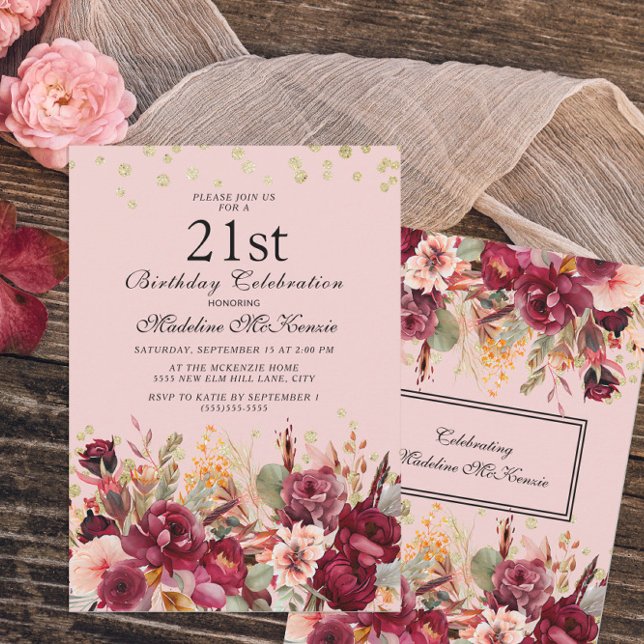 Pink Burgundy Floral Gold Glitter 21st Birthday Invitation (Creator Uploaded)