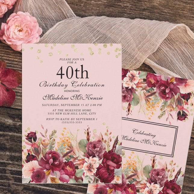 Pink Burgundy Floral Gold Glitter 40th Birthday Invitation (Creator Uploaded)