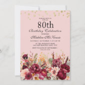 Pink Burgundy Floral Gold Glitter 80th Birthday Invitation (Front)