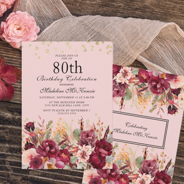 Pink Burgundy Floral Gold Glitter 80th Birthday Invitation