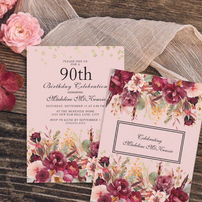 Pink Burgundy Floral Gold Glitter 90th Birthday Invitation (Creator Uploaded)