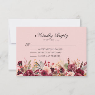 Pink Burgundy Floral Gold Glitter Birthday RSVP Card