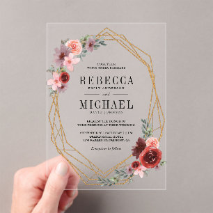 Pink Burgundy Floral Gold Wedding Acrylic Invitations