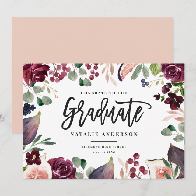 Pink burgundy floral graduate announcement card (Front/Back)