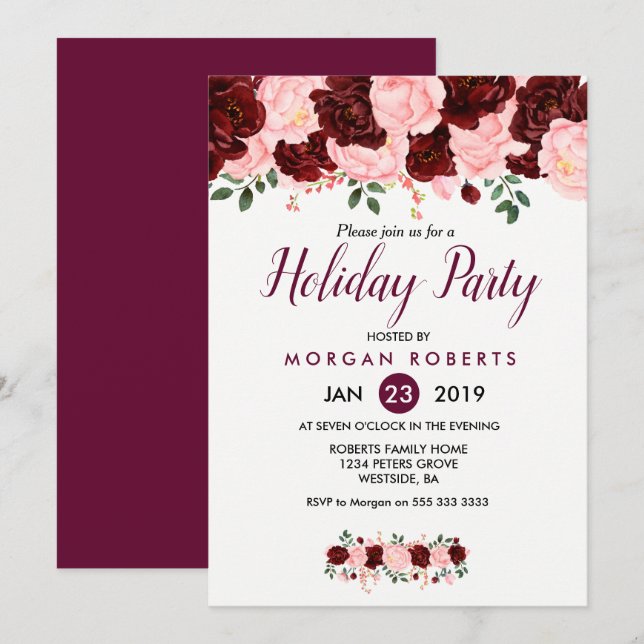 Pink & Burgundy Floral Holiday Party Invitation (Front/Back)