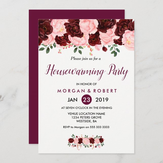 Pink & Burgundy Floral Housewarming Party Invite (Front/Back)