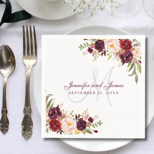 Pink Burgundy Floral Monogram Watercolor Wedding Napkin
