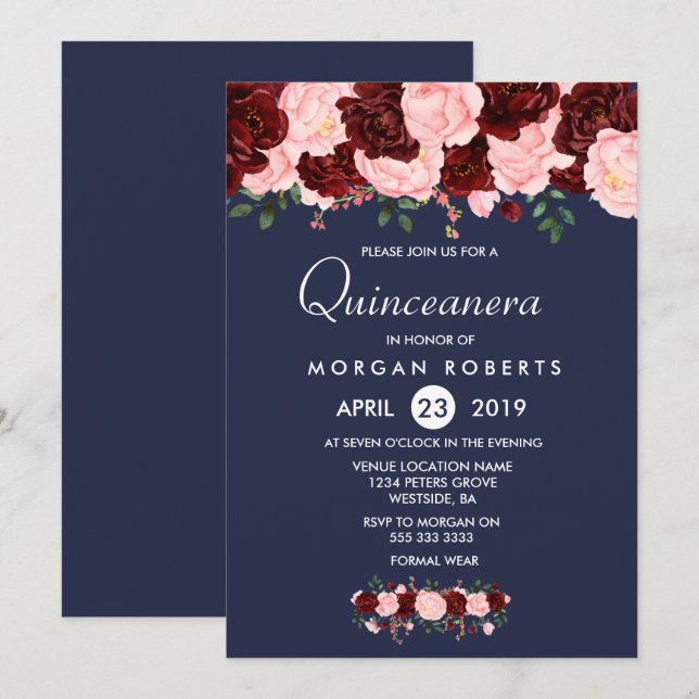 Pink Burgundy Floral Navy Blue Quinceanera Invite (Front/Back)