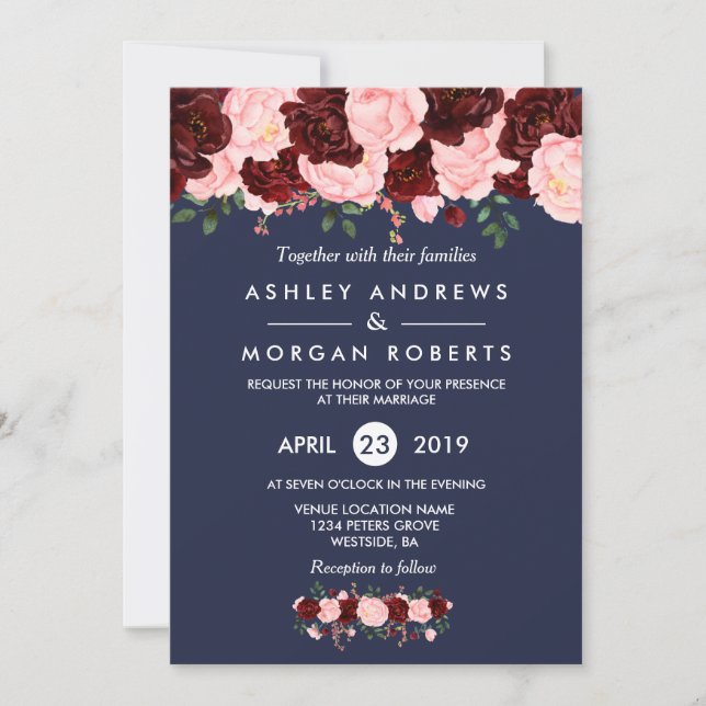 Pink Burgundy Floral Navy Blue Wedding Invite (Front)