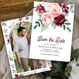Pink Burgundy Floral Photo Wedding Save The Date