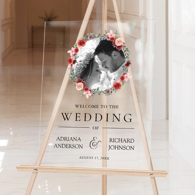 Pink Burgundy Floral Photo Wedding Welcome Sign (Creator Uploaded)