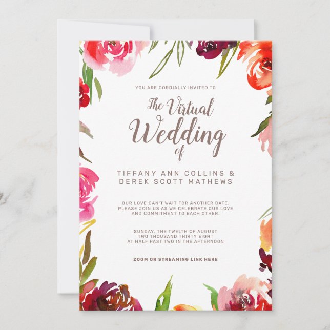 Pink Burgundy Floral Virtual Online Wedding Invitation (Front)