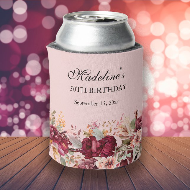 Pink Burgundy Floral Women's 50th Birthday Can Cooler (Pink and burgundy floral women's birthday party custom can Koozie)