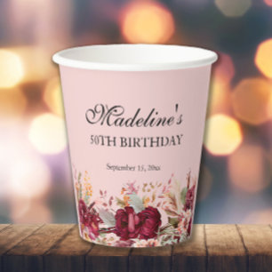 Pink Burgundy Floral Women's 50th Birthday Paper Cups