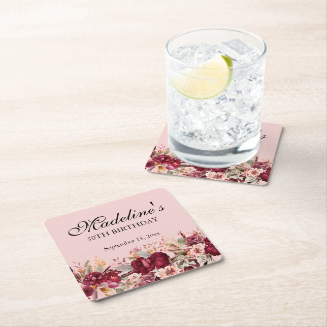 Pink Burgundy Floral Women's 50th Birthday Square Paper Coaster (Insitu)