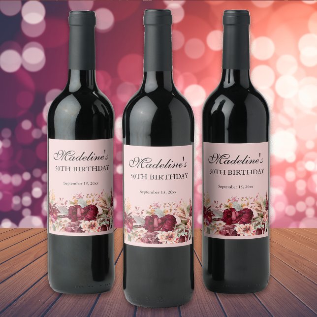 Pink Burgundy Floral Women's 50th Birthday Wine Label (Pink and burgundy floral custom wine bottle labels.)