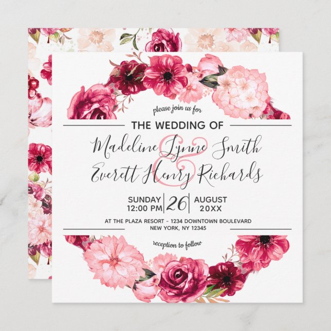 Pink & Burgundy Floral Wreath Wedding Invitations (Front/Back)