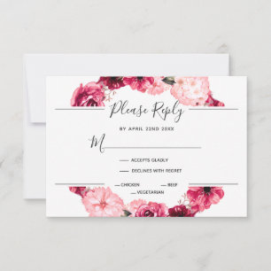 Pink & Burgundy Floral Wreath Wedding RSVP Reply Card