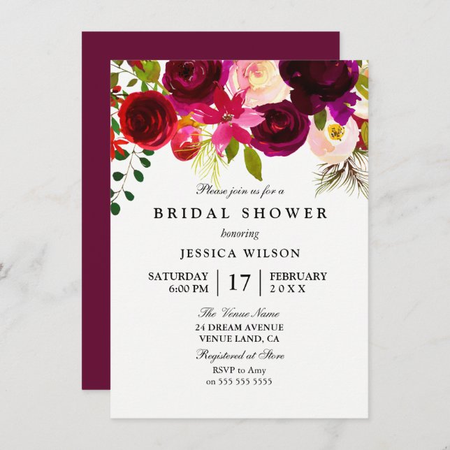 Pink Burgundy Flower Bridal Shower Invitation (Front/Back)