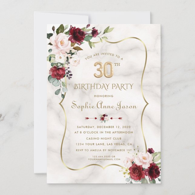 Pink Burgundy Flowers Gold Marble 30th Birthday  Invitation (Front)