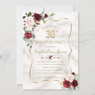 Pink Burgundy Flowers Gold Marble 30th Birthday  Invitation