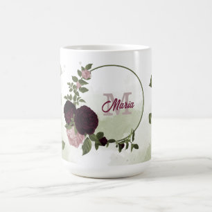 pink burgundy flowers green leaves monogram  coffee mug