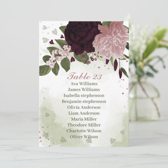 pink & burgundy flowers green seating chart card (Standing Front)