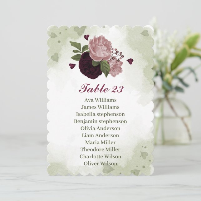 pink & burgundy flowers green seating chart card (Standing Front)