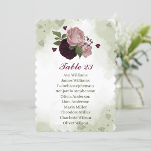 pink & burgundy flowers green seating chart card